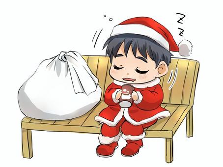 冬のほっこりサンタさん（SDキャラ） サンタ,クリスマス,居眠り,休憩,sdキャラ,かわいい,ベンチ,手描き,イラストのイラスト素材
