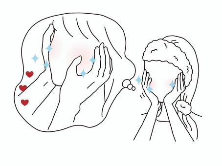 恋する女性　スキンケア 恋愛,恋愛中,女性,スキンケア,頬,触る,キラキラ,ハート,想像,イメージのイラスト素材