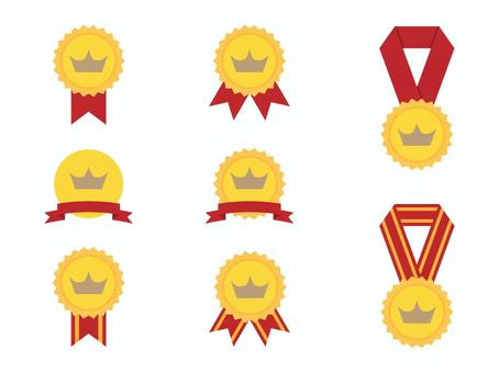 シンプルな赤いリボンのメダルセット メダル,リボン,金メダル,賞,表彰,ランキング,王冠,アイコン,スポーツ,大会のイラスト素材