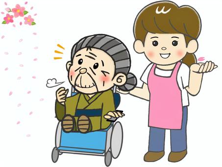 介護士と花見をするお婆さんほっとするねえ 介護,福祉,医療,老人,高齢者,女性,お婆さん,介護士,ヘルパー,スタッフのイラスト素材