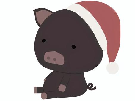 サンタ帽をかぶった黒豚 座る,サンタクロース,帽子,ブタ,黒豚,動物,かわいい,クリスマスのイラスト素材