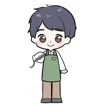 バーコードをかざす店員男性 エプロン,店員,仕事,パート,バイト,職業,レジ店員,書店店員,ショップ店員,バーコードのイラスト素材