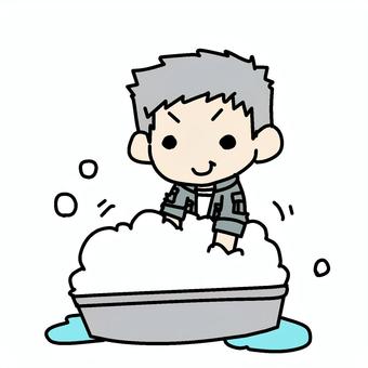 たらいを泡立てるおじいさん おじいさん,たらい,バケツ,泡立てる,洗濯,手洗い,もこもこ,シャンプー,清潔,洗い物のイラスト素材