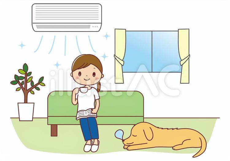 エアコンの効いた部屋で犬とくつろぐ女性 エアコン,女性,犬のイラスト素材
