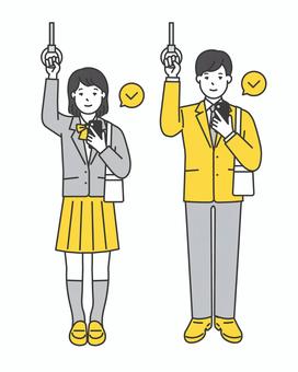電車でつり革につかまる制服姿の学生 つり革,スマートフォン,電車,女子高生,男子高生,高校生,中学生,学生,生徒,通学のイラスト素材