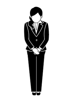 お辞儀するロングヘアの女性(モノクロ) お辞儀,敬意,感謝,葬儀,礼服,黒い,スーツ,女性,30代,40代のイラスト素材