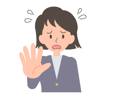 片手を前に出し焦り顔で拒否する女性会社員 女性,スーツ,人物,ベクター,手のひら,片手を出す,制止する,拒否する,ng,クレーム対応のイラスト素材