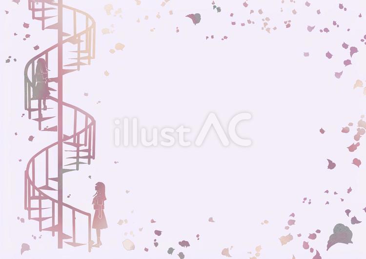 螺旋階段と少女・桜 螺旋階段,階段,フレームのイラスト素材