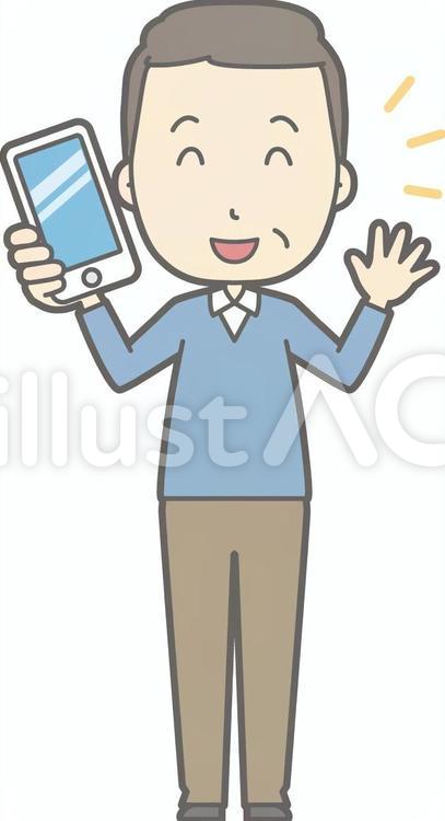 中年男私服-スマホ持つ-全身 人,男性,かわいいのイラスト素材