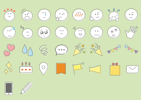 シンプルなアイコンセット ライン,まとめ,汗,焦る,ラブ,くすみカラー,絵文字,点,チラシ,手描きのイラスト素材