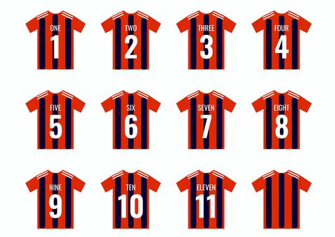 サッカーユニフォームの背番号セット サッカー,フットサル,ユニフォーム,背番号,tシャツ,スポーツ,チーム,セット,アイコン,番号のイラスト素材
