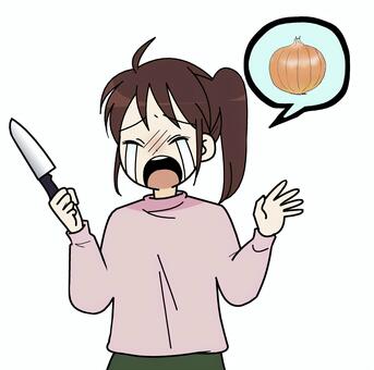 玉ねぎを切って目がしみる女性 人物,料理,玉ねぎ,吹き出し,痛い,涙,泣く,包丁,野菜,硫化アリルのイラスト素材