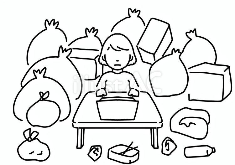 ゴミ山の真ん中のPCと女性　線画 ゴミ,女性,パソコンのイラスト素材