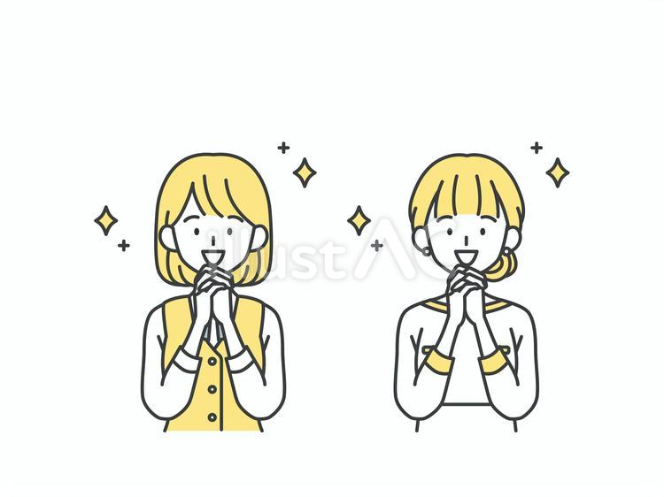 目をキラキラ輝かせる受付と美容部員の女性 人物,女,キラキラのイラスト素材