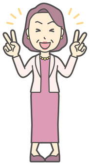  お金持ちマダム-215-全身 ピース,おばさん,中年,女性,富裕層,マダム,裕福,お金持ち,ミセス,おばちゃんのイラスト素材