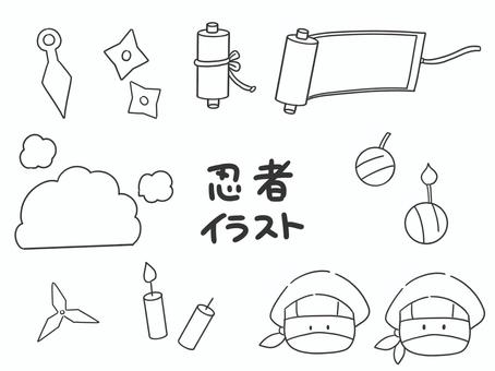 手描き風　忍者のアイコンセット 手描き,忍者,クナイ,手裏剣,巻物,術,煙,爆弾,火薬,くノ一のイラスト素材