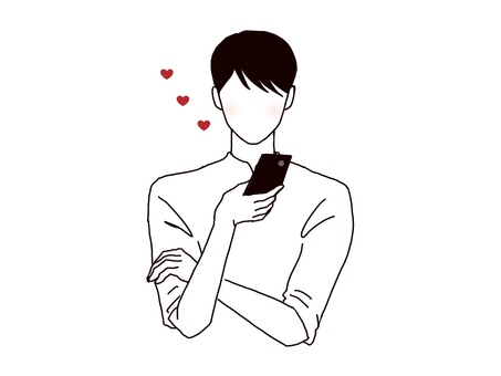 スマホを触る男性とハート 恋愛,スマホ,男性,触る,持つ,片手,腕組み,ハート,黒髪,顔なしのイラスト素材