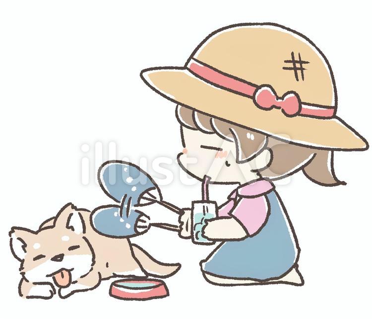 犬をうちわで仰ぐ女の子 うちわ,女の子,柴犬のイラスト素材