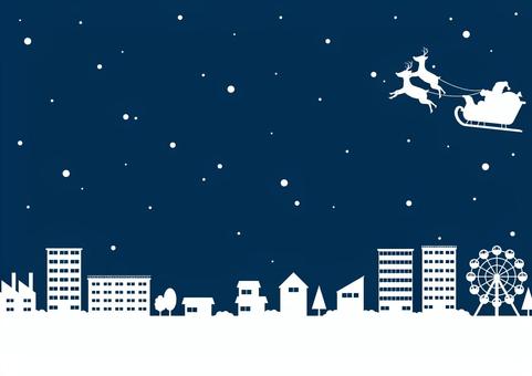可愛い夜の街並みとサンタクロースの背景 クリスマス,冬,雪,サンタクロース,トナカイ,そり,街,家,ビル,オフィスのイラスト素材