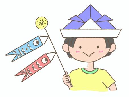 鯉のぼりを持つ男の子のイラスト こどもの日,端午の節句,5月,行事,人物,男の子,子供,鯉のぼり,兜,挿絵のイラスト素材