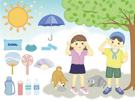 夏の子どもたちA 熱中症,熱中症対策,熱中症予防,夏,暑い,日影,日陰,日差し,帽子,日傘のイラスト素材