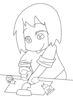 手洗いをする女の子 手洗い,健康,ミニキャラ,女の子,塗り絵,風邪予防のイラスト素材