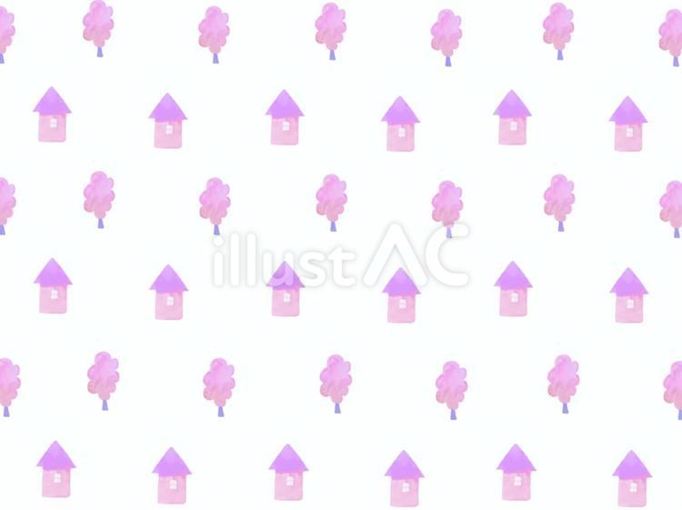 水彩北欧デザイン家と木の壁紙 壁紙,背景,模様のイラスト素材