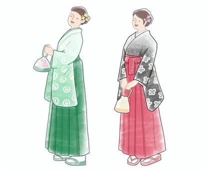 袴着物の女性2人 袴着物の女性2人 袴,着物,女性,成人式,卒業式,赤,緑,全身,パステル風のイラスト素材