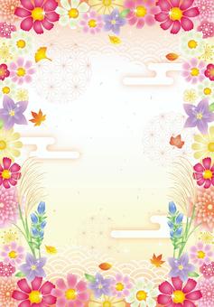 秋の草花の和柄フレーム（縦） 秋,花,和,キラキラ,かわいい,敬老の日,フレーム,背景,カード,秋桜のイラスト素材