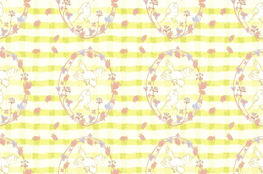 春色イエローチェックの鳥柄 イエロー,春,かわいい,小鳥,チェック,ギンガム,背景,パターン,ベビー,ナチュラルのイラスト素材