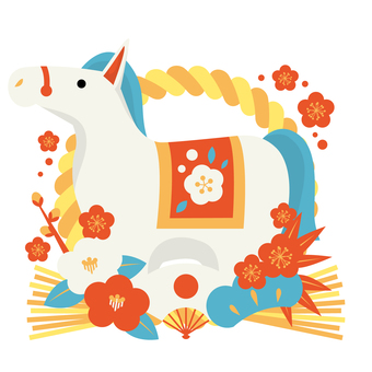zodiac26118 馬,午年,しめ飾り,梅,扇子,椿,松,年賀状,花,和風のイラスト素材