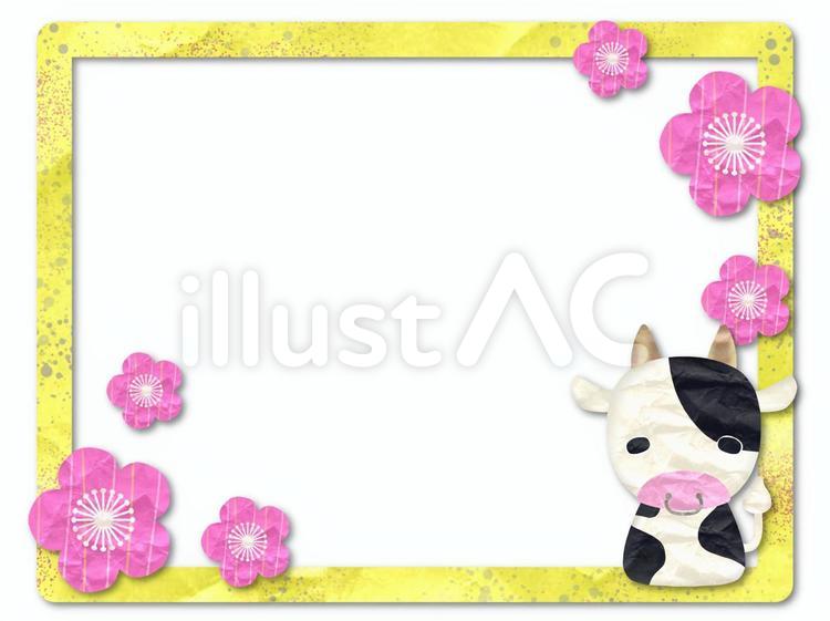 牛と梅の花の新春フレーム　2021年賀状 梅の花,牛,フレームのイラスト素材
