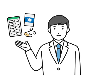 薬の案内をする白衣の男性 薬,薬剤師,医師,案内,説明,受付,白衣,男性,医療のイラスト素材