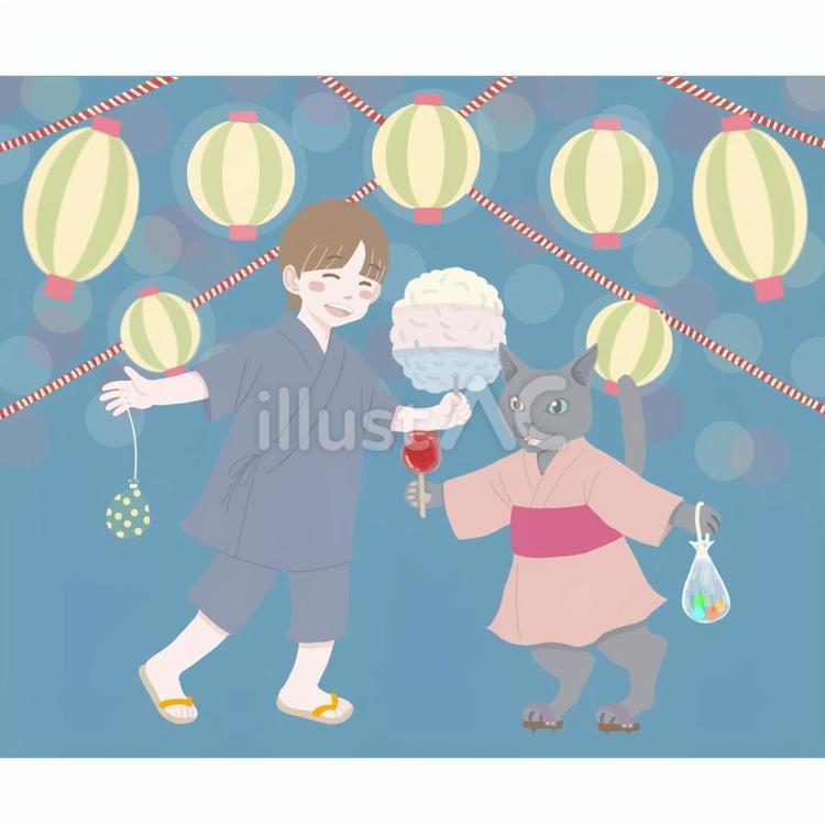 お祭りを楽しむにゃんこと子供　背景有 祭,夜店,猫のイラスト素材