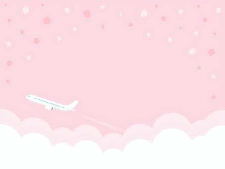旅行・飛行機と空の春のイメージ背景04 旅行,春,桜,空,飛行機,背景,花,桜の花,花びら,フレームのイラスト素材