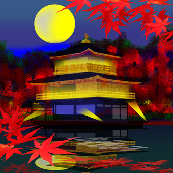 秋の金閣寺、満月の夜。 秋,金閣寺,満月,夜,紅葉,ライトアップのイラスト素材