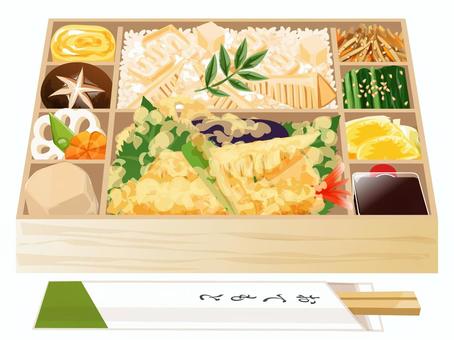 たけのこご飯弁当（折詰） たけのこご飯弁当,弁当,昼食,料理,食べ物,天ぷら,海老天,大葉,レンコン,たけのこご飯のイラスト素材