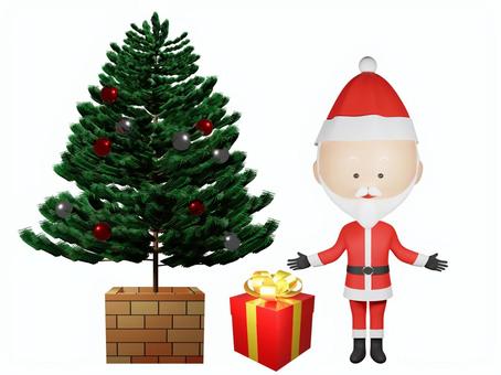 サンタおじさんとクリスマスツリーとギフト おじさん,サンタ,中年,男性,喜び,サンタクロース,サンタ帽子,プレゼントボックス,プレゼント,箱のイラスト素材