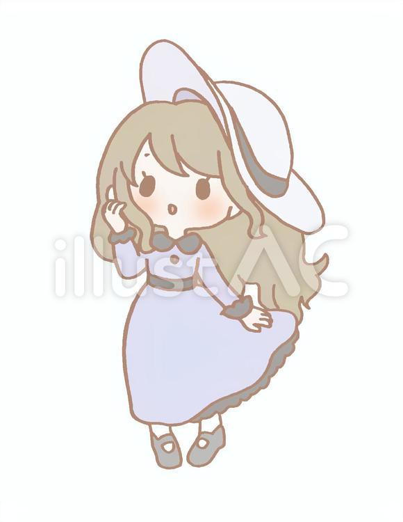 風が・・・ 女性,少女,帽子のイラスト素材