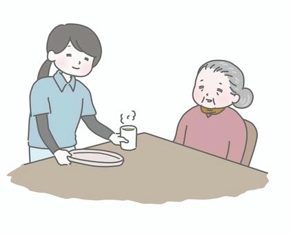 お茶を出す介護士とおばあさん 介護士,介護,高齢者,シニア,お年寄り,介護施設,介護サービス,福祉,お茶,湯呑みのイラスト素材