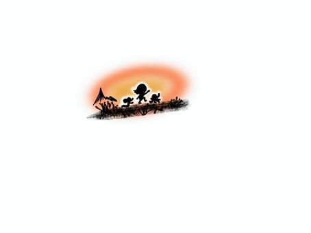 歩く影　 女の子,いも虫,タコ,山,草むら,歩く,影,夕日,朝日,散歩のイラスト素材