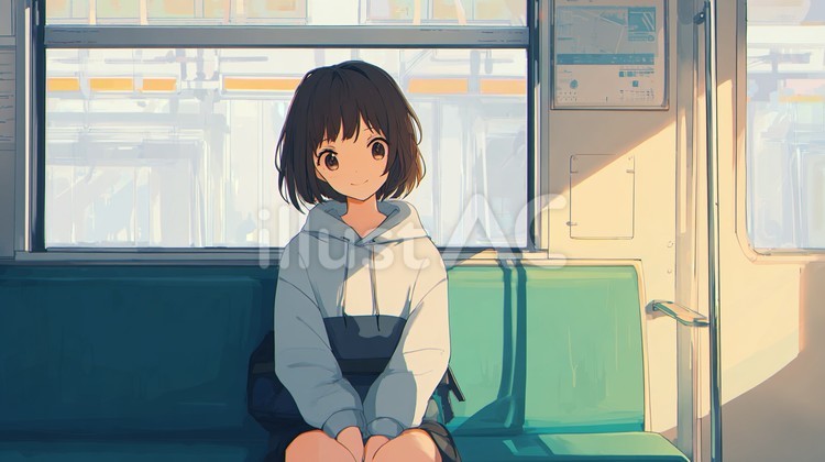 電車の中で微笑む少女 少女,電車,パーカーのイラスト素材