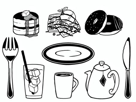 カフェセット【モノクロ】 カフェ,喫茶店,ホットケーキ,ワッフル,ドーナツ,フォーク,ナイフ,ドリンク,コーヒー,紅茶のイラスト素材