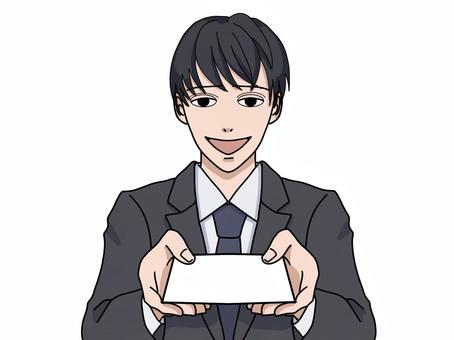 笑顔で名刺を渡すスーツ姿の男性 名刺,名刺交換,スーツ,男性,営業,スマイル,若い,会社員,新人,社会人のイラスト素材