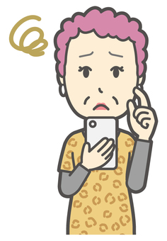  大阪のおばちゃん-003-バスト スマホ,困る,おばちゃん,大阪,ヒョウ柄,おばはん,中年,女性,関西,派手のイラスト素材