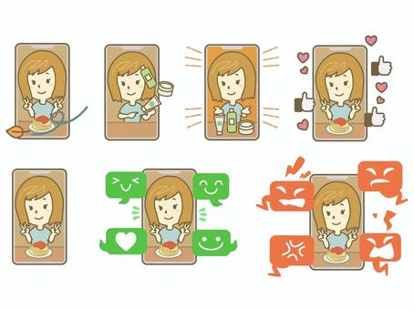 インフルエンサーのセット スマートフォン,スマホ,インフルエンサー,発信者,有名人,セット,いいね,ハート,商品,紹介のイラスト素材