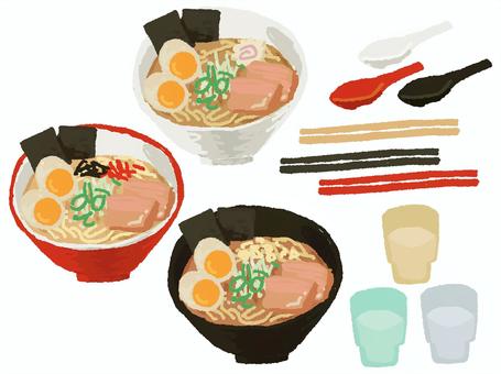 ラーメンセット(塩・味噌・豚骨) ラーメンセット(塩・味噌・豚骨) ラーメン,塩ラーメン,味噌ラーメン,豚骨ラーメン,博多ラーメン,家系ラーメン,水,お冷,レンゲ,チャーシューのイラスト素材