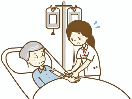 入院　点滴しましょうね4 おじいさん,高齢者,寝たきり,寝る,点滴,ベッド,看護師,安心,入院,病院のイラスト素材