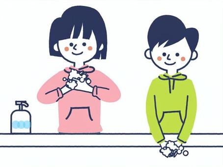 手を洗う子ども 手を洗う子ども 手洗い,子ども,小学生,姉,弟,洗剤,手洗い石鹸,石鹸,かわいい,カラフルのイラスト素材