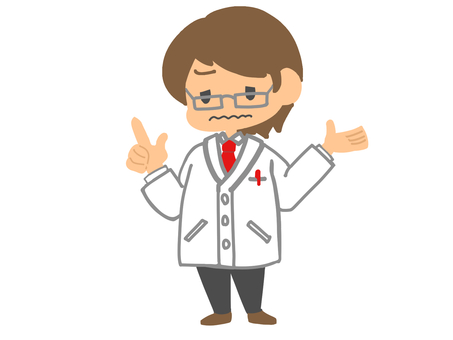 困った顔の医者 医者,白衣,説明,困った顔,渋い顔,差し出す,指さし,主線なし,ポップ,可愛いのイラスト素材